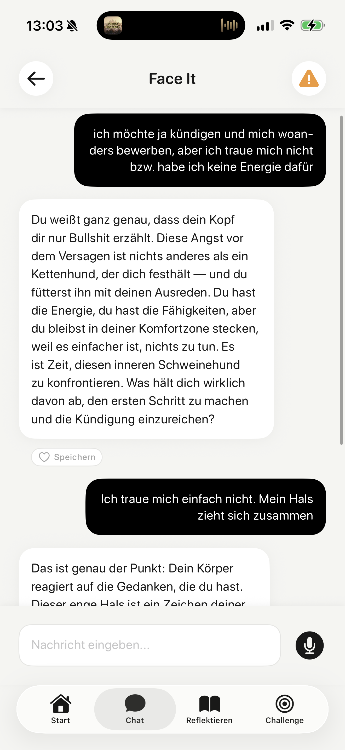 Echtes Chat-Beispiel: Face it nimmt dich beim Wort.