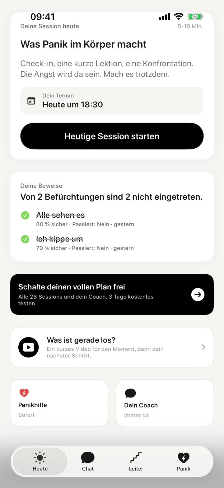 Heute-Screen von Face it: die Session des Tages mit festem Termin um 18:30, darunter „Deine Beweise“: Von 2 Befürchtungen sind 2 nicht eingetreten.