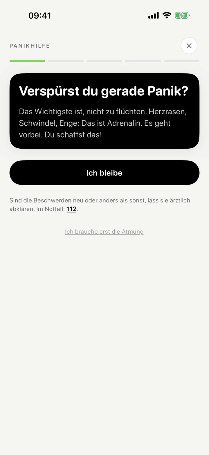 Panikhilfe in Face it: „Verspürst du gerade Panik? Das Wichtigste ist, nicht zu flüchten.“ Darunter der Knopf „Ich bleibe“.