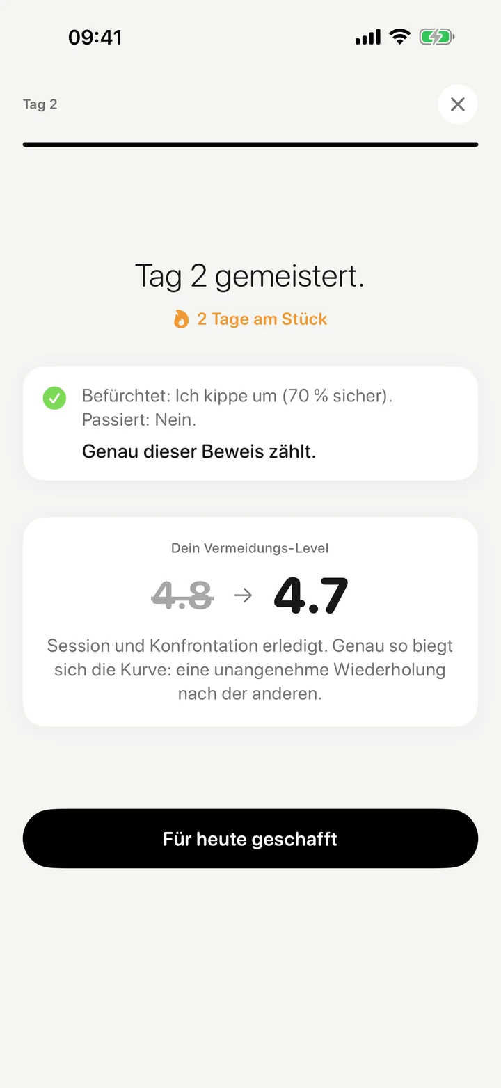 Nach der Konfrontation: „Befürchtet: Ich kippe um (70 % sicher). Passiert: Nein. Genau dieser Beweis zählt.“